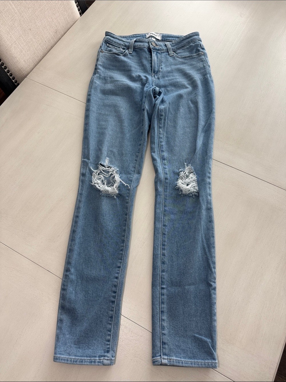 PAIGE Women's Light-Medium Blue Skinny Jeans with Knee Distressing